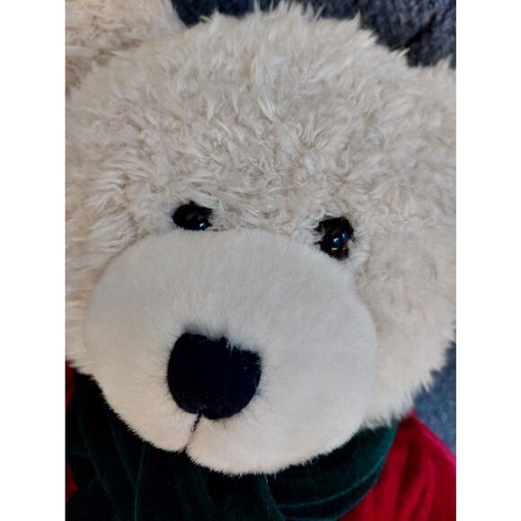 A Mart Plush White Teddy Bear Red Velvet Jacket Scarf Bell Holiday Decor Toy - Picture 2 of 9